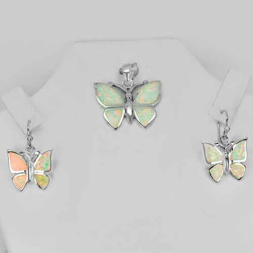 925 Sterling Silver Sets Butterfly Pendant And Earrings White Created Opal 10.64 Mm. (1 of 3)