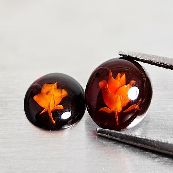 Natural Amber 1.12 Ct. 2 Pcs. Flower Carving In Oval Cabochon Shape 9 x 7.9 Mm Gemstone From Poland (1 of 3)
