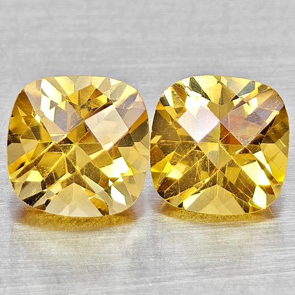 Natural Yellow Citrine 2.17 Ct. 2 Pcs Cushion Checkerboard Cut 6.2 x 6.2 Mm Gemstones from Brazil: Product ID: 801815245 Product Name: Natural Citrine Weight: 2.17 CT. Size: 6.2 x 6.2 x 4.8 MM. Shape: Cushion Checkerboard Cut Color: Yellow Clarity:VVS - VSI Luster: Good Gems Origin: Brazil Treatmen