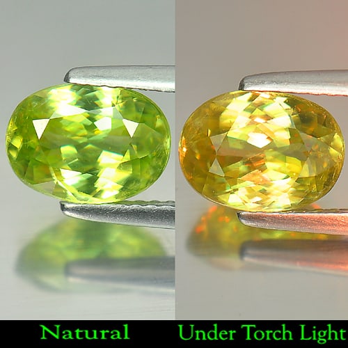 Natural Green Sphene 2.16 Ct. Oval Shape 9 x 6.6 Mm. Unheated Gemstone From Madagascar: Product ID: 806505402 / Product Name: Natural Sphene / Weight: 2.16 CT. / Size: 9 x 6.6 x 4.4 MM. / Shape: Oval / Color: Green With Rainbow Spark / Clarity:VSI / Luster: Adamantine / Gems Origin: Mada
