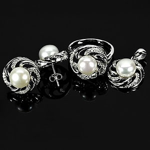 Natural White Pearl 925 Sterling Silver Jewelry Set Pendant Ring Size 8 and Earrings 14.11 G. (1 of 3)