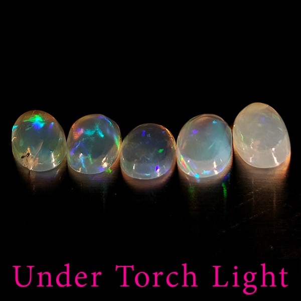 Natural Multi Color Opal 1.33 Ct. 5 Pcs Oval Cabochon Shape 6.1 x 4.2 Mm Gemstones From Ethiopia: Product ID: 818728078 Product Name: Natural Opal Weight: 1.33 CT. Size: 6.1 x 4.2 x 2.2 MM. Shape: Oval Cabochon Color: Multi-Color Clarity:Semi - Transparent Luster: Good Gems Origin: Ethiopia Treatm