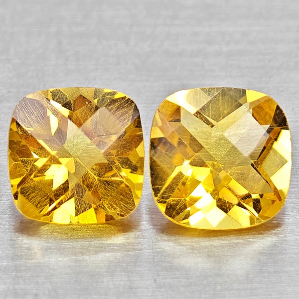 Natural Yellow Citrine 1.88 Ct. 2 Pcs Cushion Checkerboard Cut 6.3 x 6.3 Mm Gemstones From Brazil: Product ID: 801815244 Product Name: Natural Citrine Weight: 1.88 CT. Size: 6.3 x 6.3 x 4 MM. Shape: Cushion Checkerboard Cut Color: Yellow Clarity:VVS - VSI Luster: Good Gems Origin: Brazil Treatment:
