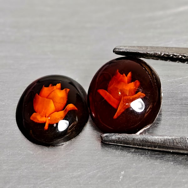 Natural Amber 0.73 Ct. 2 Pcs Flower Carving In Oval Cabochon Shape 8.4 x 6.8 Mm Gemstones From (1 of 3)