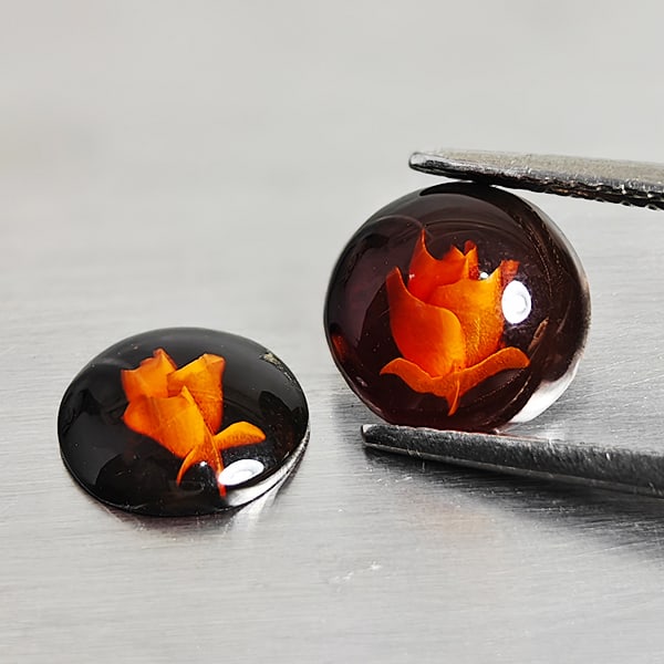 Natural Amber 0.91 Ct. 2 Pcs. Flower Carving In Round Cabochon Shape 7.8 Mm Gemstone From Poland: Product ID: 819090994 Product Name: Natural Amber Weight: 0.91 CT. Size: 7.8 x 7.8 x 2.2 MM. Shape: Round Cabochon Color: Brown Yellow Clarity:Semi - Transparent Luster: Good Gems Origin: Poland Treat
