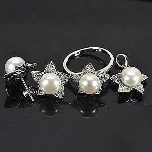 Natural White Pearl 925 Sterling Silver Sets Ring Size 9 Pendant and Earrings 12.17 G. (1 of 3)