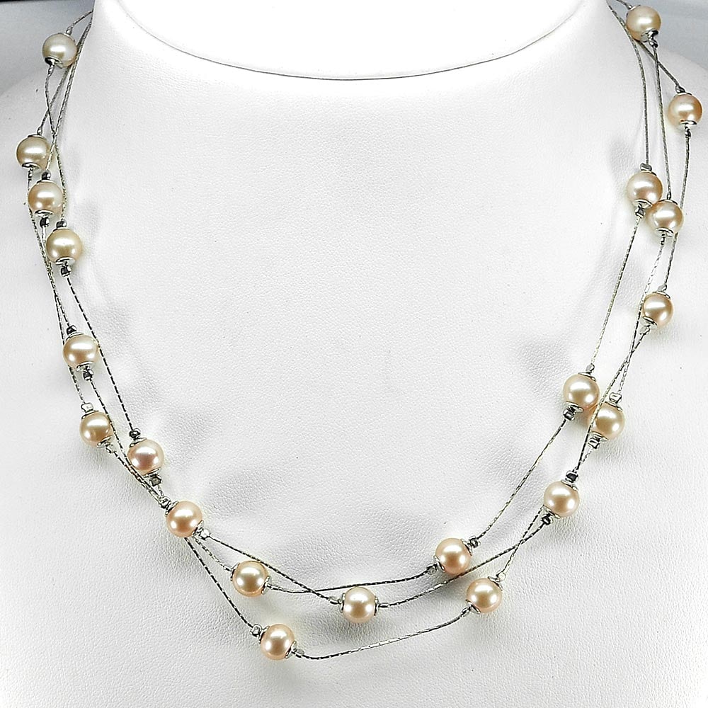 Natural Pink Orange Pearl 925 Sterling Silver Necklace Jewelry Length 16 Inch. 16.19 G. (1 of 3)
