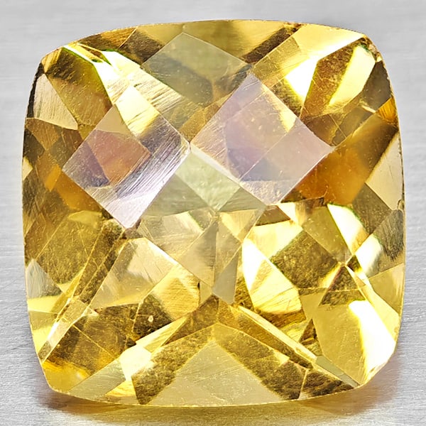Natural Yellow Citrine 3.96 Ct. Cushion Checkerboard Cut 10.1 x 10 Mm Gemstone From Brazil: Product ID: 801815302 Product Name: Natural Citrine Weight: 3.96 CT. Size: 10.1 x 10 x 7 MM. Shape: Cushion Checkerboard Cut Color: Yellow Clarity:VVS - VSI Luster: Good Gems Origin: Brazil Treatment: