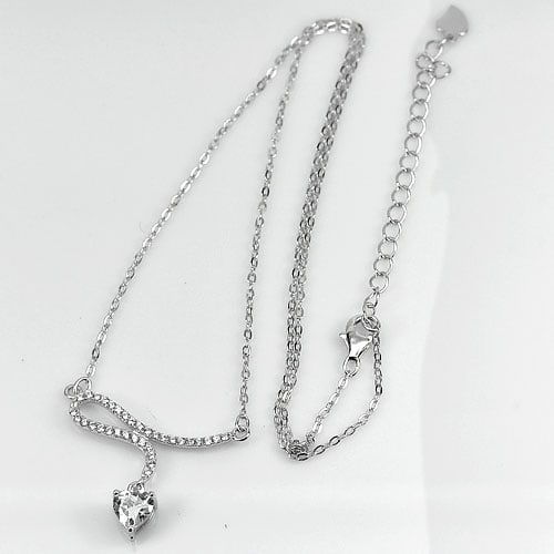 925 Sterling Silver Necklace Jewelry with White CZ Lovely Heart Length 16 Inch. (1 of 3)