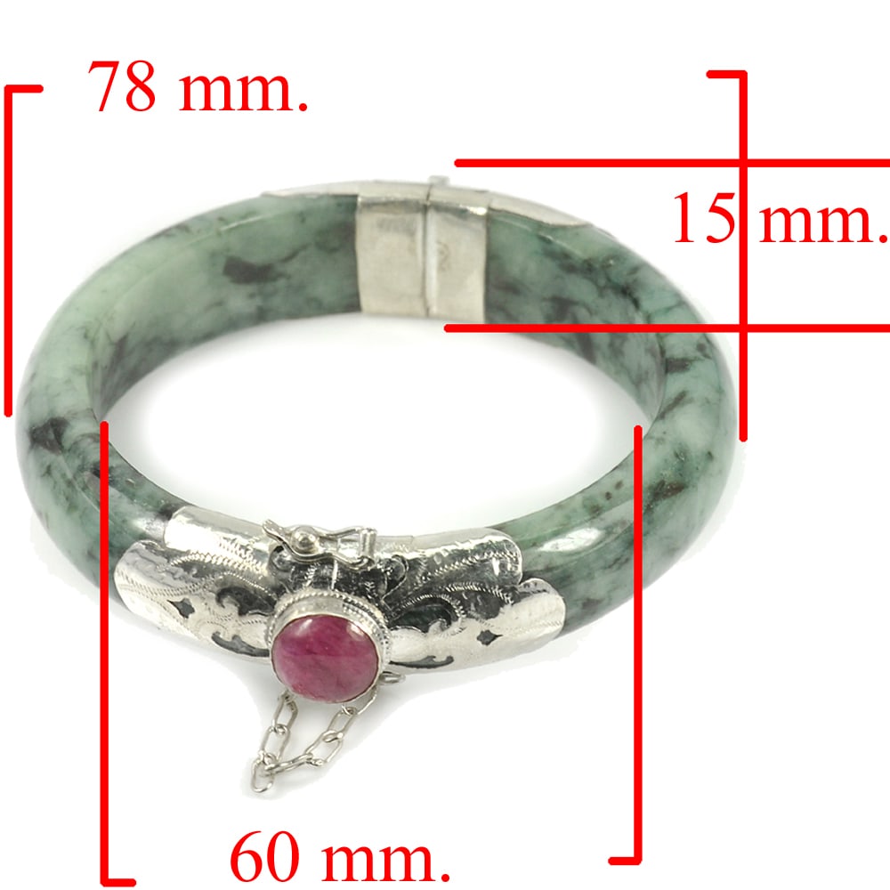Natural Green Jade Bangle 373.05 Ct. Diameter 60 Mm. with Silver and Red Ruby (1 of 3)