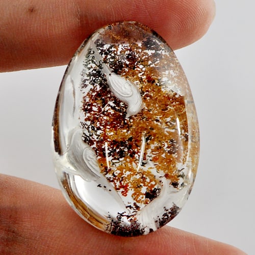 Natural Moss Quartz 75.00 Ct. Carving Birds Inner Pear Cabochon Shape 38 x 26 Mm. Gemstone: Product ID: 805527059 Product Name: Natural Quartz Weight: 75.00 CT. Size: 38 x 26 x 14.1 MM. Shape: Pear Cabochon Color: Brown White Clarity:Semi - Transparent Luster: Good Gems Origin: Thailand Trea
