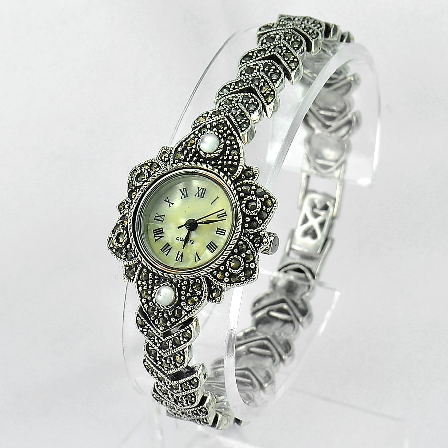 925 Sterling Silver Jewelry Watch Length 8 Inch. with Natural Black Marcasite 35.00 G. (1 of 3)