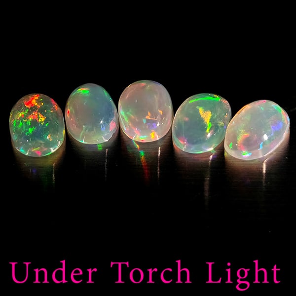 Natural Multi Color Opal 1.33 Ct. 5 Pcs Oval Cabochon Shape 6.1 x 4.2 Mm Gemstones from Ethiopia: Product ID: 818728129 Product Name: Natural Opal Weight: 1.33 CT. Size: 6.1 x 4.2 x 2.3 MM. Shape: Oval Cabochon Color: Multi-Color Clarity:Semi - Transparent Luster: Good Gems Origin: Ethiopia Treatm
