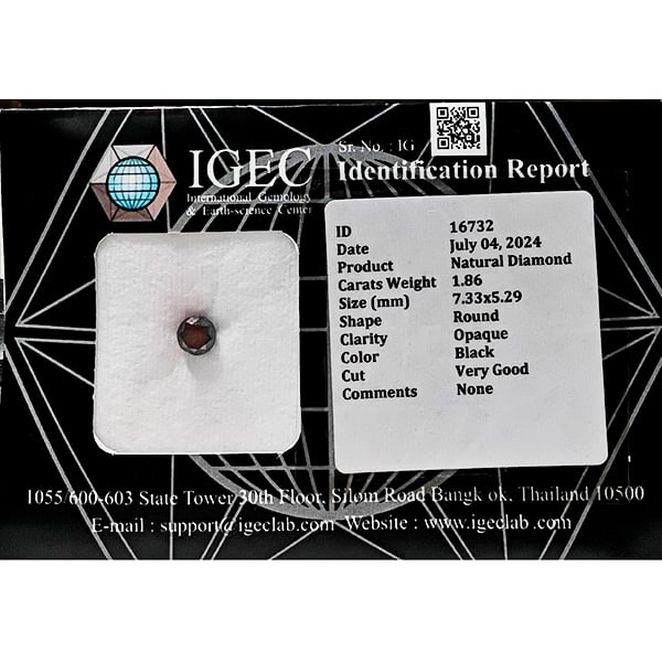 Certified Natural Black Diamond 1.86 Ct. Round Brilliant Cut 7.33 x 5.29 Mm From Belgium (1 of 3)