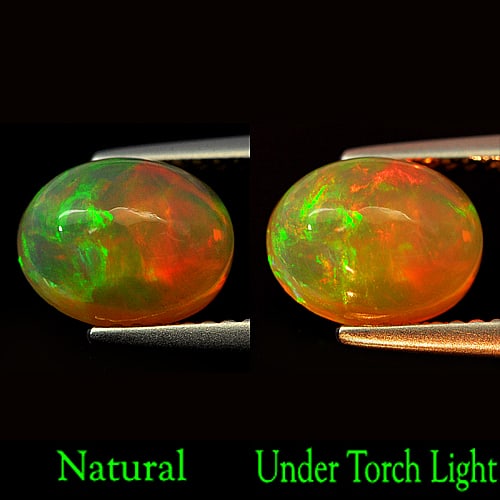 Natural Multi Color Opal 1.56 Ct. Oval Cabochon Shape 9 x 7 Mm. Unheated Gemstone: Product ID: 818726999 Product Name: Natural Opal Weight: 1.56 CT. Size: 9 x 7 x 4.4 MM. Shape: Oval Cabochon Color: Multi-Color Clarity:Semi - Transparent Luster: Good Gems Origin: Ethiopia Treatment: