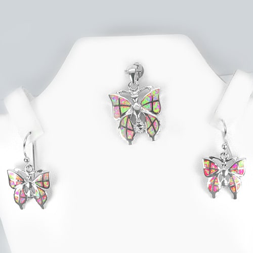 925 Sterling Silver Sets Butterfly Pendant And Earrings with Pink Created Opal 11.09 Grams (1 of 3)