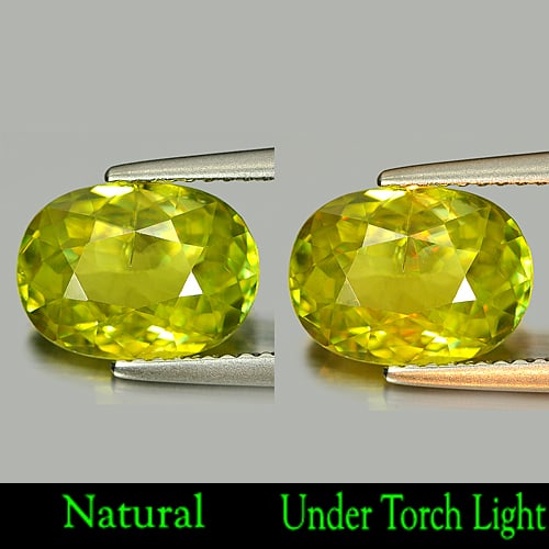 Natural Yellowish Green Sphene 2.86 Ct. Oval Shape 10.6 x 7.8 Mm. Unheated Gemstone: Product ID: 806506117 Product Name: Natural Sphene Weight: 2.86 CT. Size: 10.6 x 7.8 x 4.2 MM. Shape: Oval Color: Intense Yellowish Green Titanium With Rainbow Clarity:SI Luster: Adamantine Gems Origi