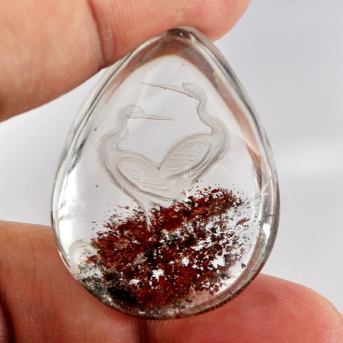 Natural Moss Quartz Birds Carving Birds Inner 100 Ct. Pear Cabochon Shape 37 x 29 Mm. Gemstone: Product ID: 805527064 Product Name: Natural Quartz Weight: 100.00 CT. Size: 37 x 29 x 16 MM. Shape: Pear Cabochon Color: White Clarity:Semi - Transparent Luster: Good Gems Origin: Thailand Treatment: