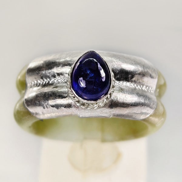 Natural Jade Ring 37.66 Ct. Diameter 19 Mm. With Silver Sapphire Size 8.5 (1 of 3)