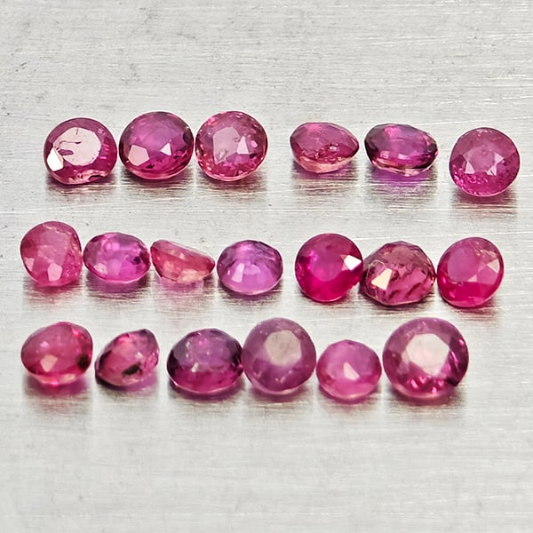 Natural Pinkish Red Ruby 0.91 Ct. 20 Pcs Round Shape Gemstones From Thailand: Product ID: 805935434 Product Name: Natural Ruby Weight: 0.91 CT. Size: 2.4 x 2.4 x 1.5 to 1.9 x 1.9 x 1.1 MM. Shape: Round Shape Color: Pinkish Red Clarity:VSI - SI1 Luster: Good Gems Origin: Thailan