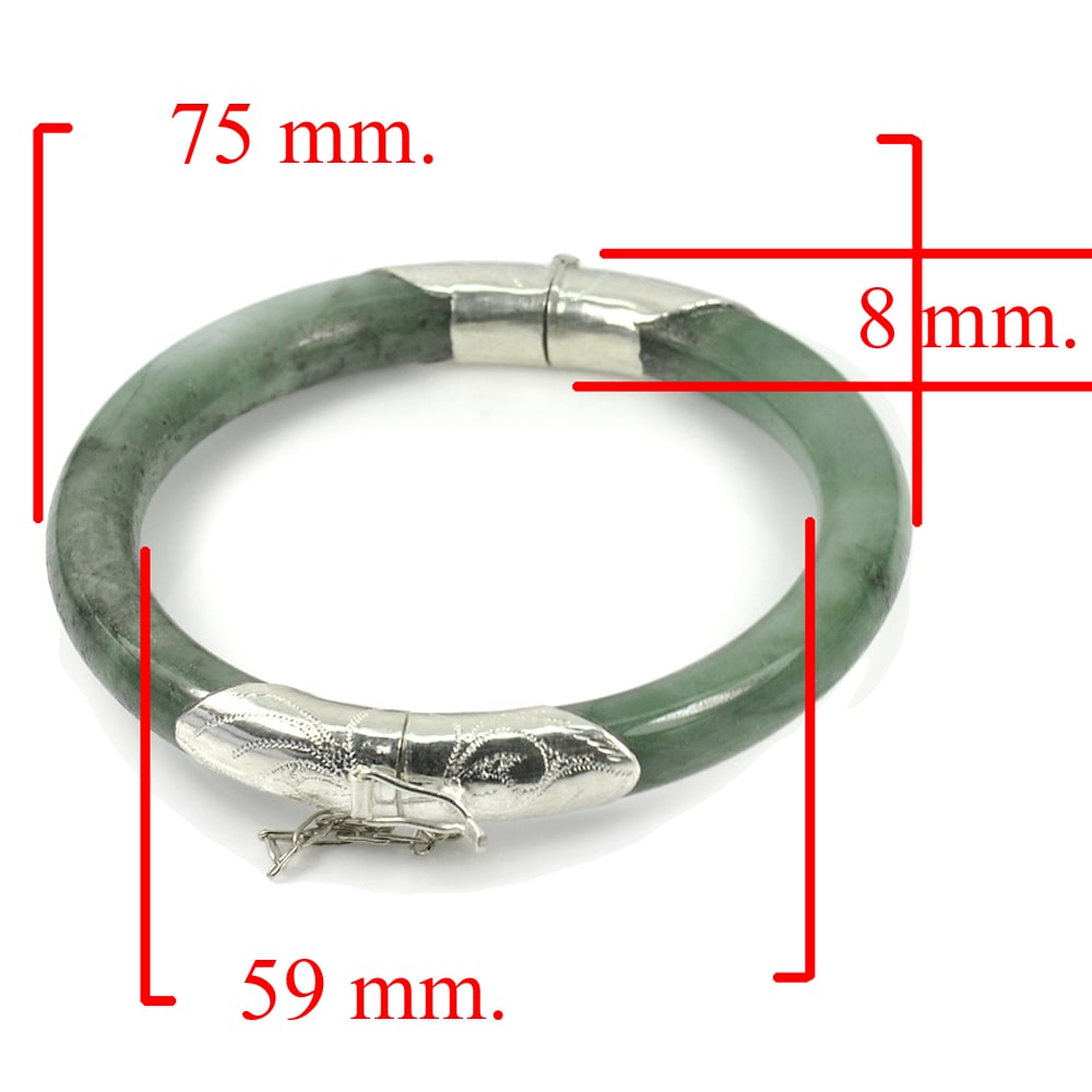 Natural Green Jade Bangle Jewerly 206.91 Ct. with Silver Diameter 59 Mm.: Product ID: 819814977 Product Name: Natural Jade Weight: 206.91 CT. Size: 75 x 59 x 8 MM. Shape: Round Cabochon Color: Green Clarity:Opaque Luster: Good Gems Origin: Thailand Treatment: Unheated Cryst