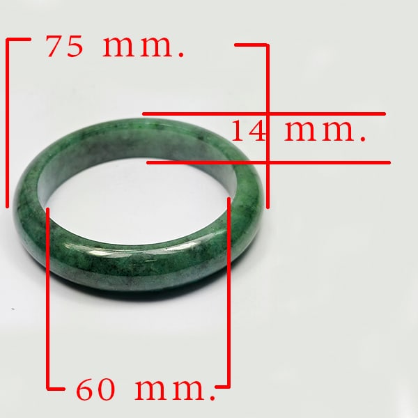 Natural Green Jade Bangle 354.10 Ct. Diameter 60 Mm. Unheated Gemstone: Product ID: 819816023 Product Name: Natural Jade Weight: 354.10 CT. Size: 75 x 60 x 14 MM. Shape: Bangle Round Cabochon Color: Multi-Color Green Clarity:Opaque Luster: Good Gems Origin: Thailand Treat