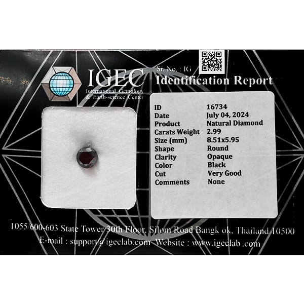 Certified Natural Black Diamond 2.99 Ct. Round Brilliant Cut 8.51 x 5.95 Mm (1 of 3)