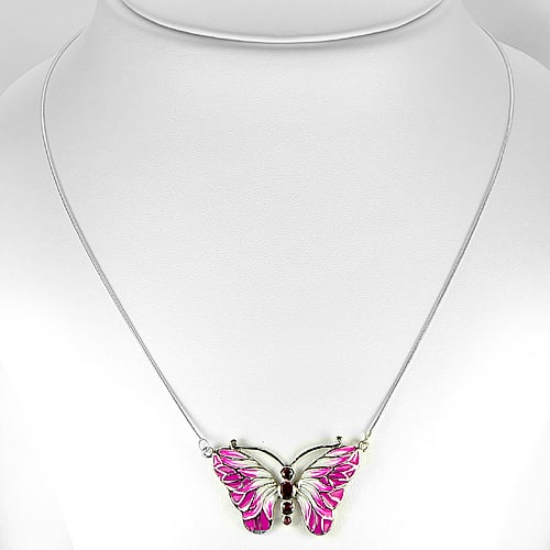 Natural Garnet 925 Sterling Silver Necklace Jewelry 7.95 G. Lovely Butterfly Enamel Design Length 18 (1 of 3)