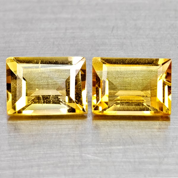 Natural Yellow Citrine 2.91 Ct. 2 Pcs Clean Baguette Shape 8.1 x 5.9 Mm Gemstones From Brazil: Product ID: 801815085 Product Name: Natural Citrine Weight: 2.91 CT. Size: 8.1 x 5.9 x 4.1 MM. Shape: Baguette Color: Yellow Clarity:VSI Luster: Good Gems Origin: Brazil Treatment: Unheated Crystal St