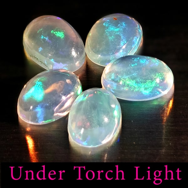 Natural Multi Color Opal 1.37 Ct. 5 Pcs Oval Cabochon Shape 6 x 4.1 Mm Gemstones from Ethiopia: Product ID: 818728111 Product Name: Natural Opal Weight: 1.37 CT. Size: 6 x 4.1 x 2.6 MM. Shape: Oval Cabochon Color: Multi-Color Clarity:Semi - Transparent Luster: Good Gems Origin: Ethiopia Treatmen