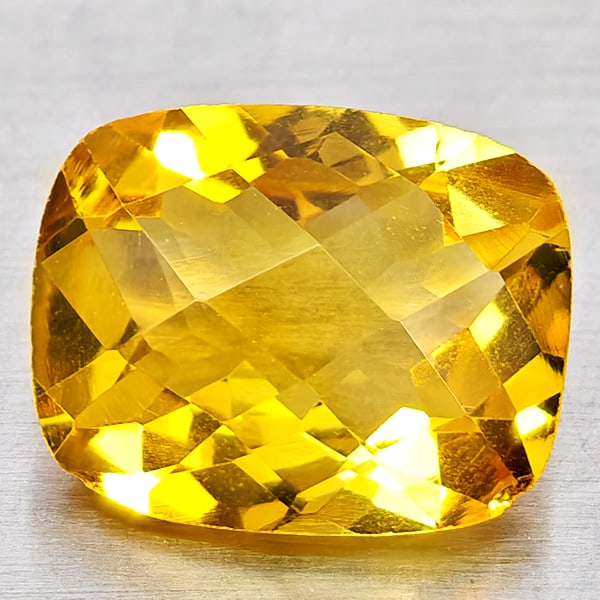 Natural Yellow Citrine 2.45 Ct. Cushion Checkerboard Cut 10.1 x 8.1 Mm. Gemstone From Brazil: Product ID: 801815203 Product Name: Natural Citrine Weight: 2.45 CT. Size: 10.1 x 8.1 x 5.4 MM. Shape: Cushion Checkerboard Cut Color: Yellow Clarity:VVS - VSI Luster: Good Gems Origin: Brazil Treatme