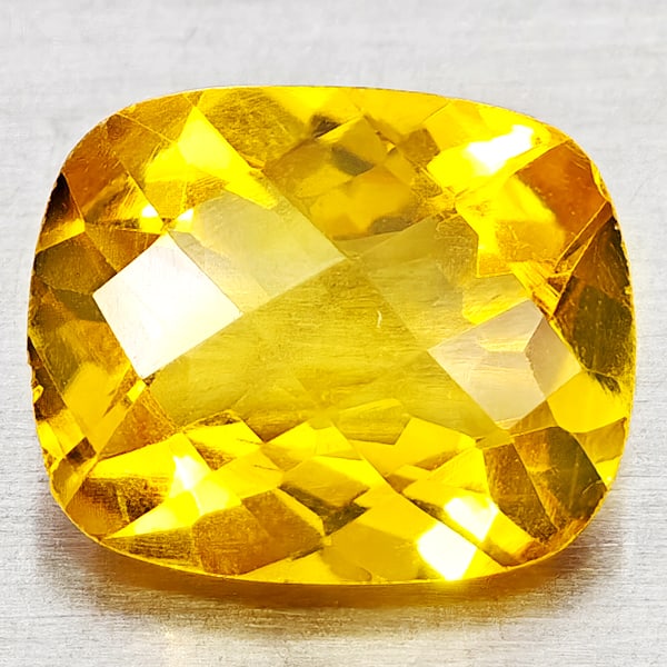 Natural Yellow Citrine 2.46 Ct. Cushion Checkerboard Cut 10 x 8.2 Mm. Gemstone From Brazil: Product ID: 801815161 Product Name: Natural Citrine Weight: 2.46 CT. Size: 10 x 8.2 x 5.2 MM. Shape: Cushion Checkerboard Cut Color: Yellow Clarity:VVS - VSI Luster: Good Gems Origin: Brazil Treatment