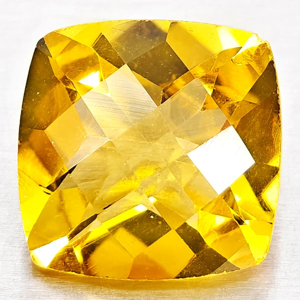 Natural Yellow Citrine 3.67 Ct. Cushion Checkerboard Cut 10.1 Mm. Gemstone From Brazil: Product ID: 801815210 Product Name: Natural Citrine Weight: 3.67 CT. Size: 10.1 x 10.1 x 6.4 MM. Shape: Cushion Checkerboard Cut Color: Yellow Clarity:VVS - VSI Luster: Good Gems Origin: Brazil Treatm