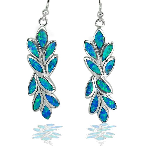 925 Sterling Silver Earrings Jewelry with Created Multi Color Blue Opal Olive Leaf Design (1 of 3)