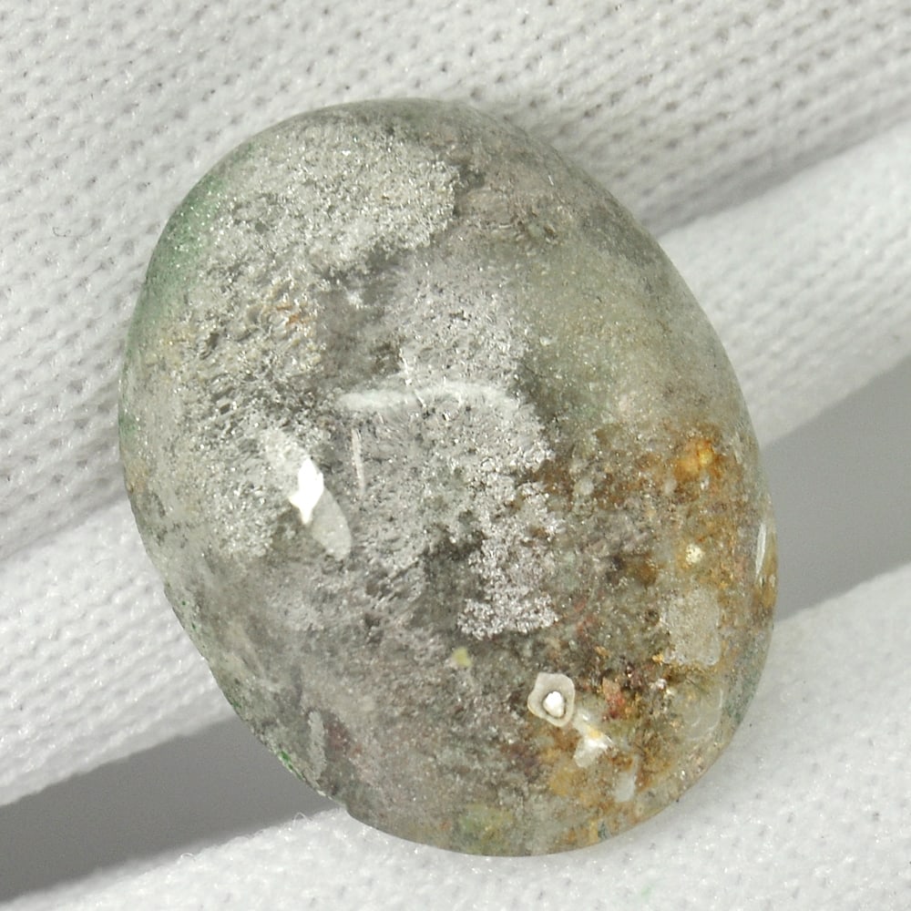 Natural Moss Quartz 9.63 Ct. Oval Cabochon Shape 16.5 x 12.8 Mm. Gemstone Unheated From Thailand: Product ID: 805529480 Product Name: Natural Quartz Weight: 9.63 CT. Size: 16.5 x 12.8 x 7.6 MM. Shape: Oval Cabochon Color: White Clarity:Semi - Transparent Luster: Good Gems Origin: Thailand Treatmen