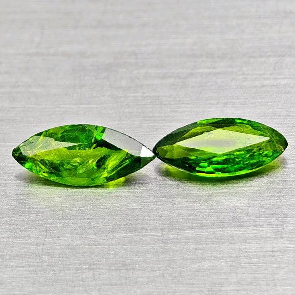 Natural Green Chrome Diopside 0.73 Ct. 2 Pcs Marquise Shape 7.9 x 3.3 Mm Gemstones From Russia: Product ID: 801608109 Product Name: Natural Chrome Diopside Weight: 0.73 CT. Size: 7.9 x 3.3 x 2.1 MM. Shape: Marquise Shape Color: Green Clarity:VSI - SI1 Luster: Good Gems Origin: Russia Treatment: