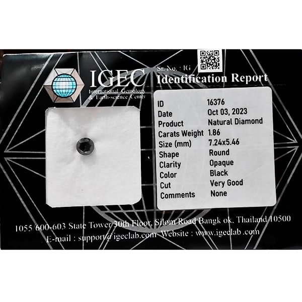 Certified Natural Black Diamond 1.86 Ct. Round Brilliant Cut 7.24 x 5.46 Mm From Belgium (1 of 3)