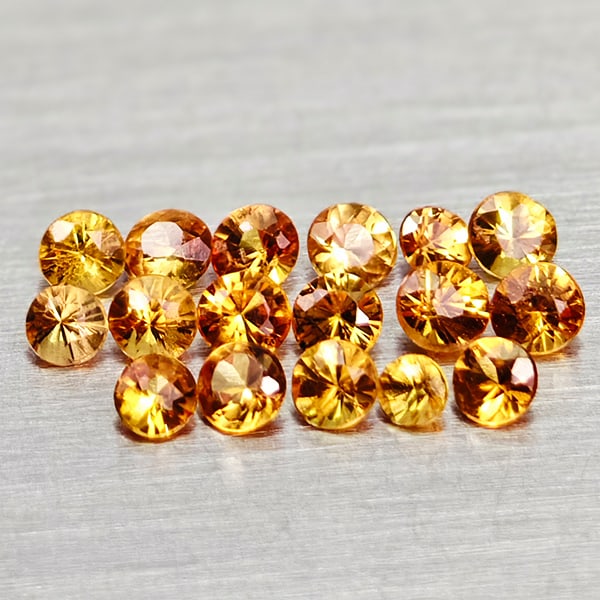Natural Orange Songea Sapphire 0.63 Ct. 17 Pcs. Round Diamond Cut Gemstones From Tanzania: Product ID: 806162340 Product Name: Natural Orange Sapphire Weight: 0.63 CT. Size: 2 x 2 x 1.6 to 1.6 x 1.6 x 1.3 MM. Shape: Round Diamond Cut Color: Orange Clarity:VSI Luster: Very Good Gems Origin: 