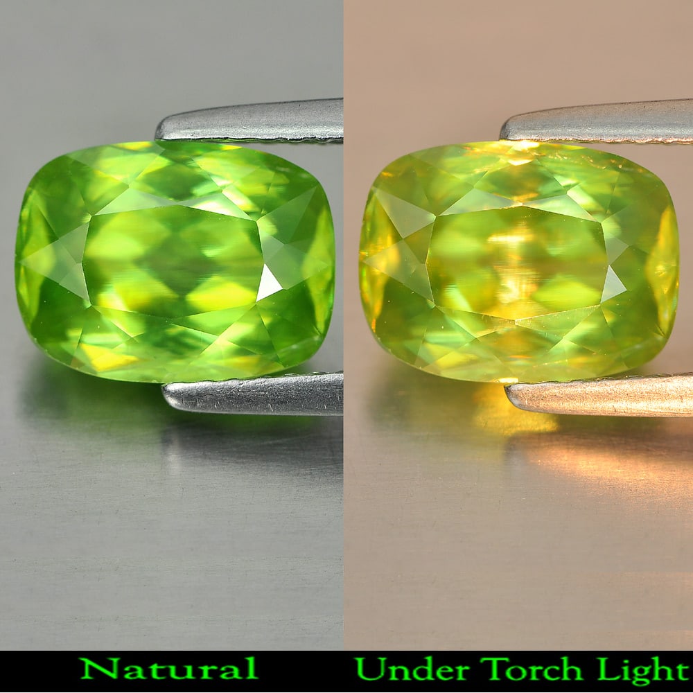 Natural Yellowish Green Titanium Sphene Rainbow Spark 3.15 Ct. Cushion Shape 9.7 x 7.3 Mm Gemstone: Product ID: 806507769 Product Name: Natural Sphene Weight: 3.15 CT. Size: 9.7 x 7.3 x 5 MM. Shape: Cushion Color: Green With Rainbow Spark Clarity:VSI Luster: Strong Iridescent Gems Origin: Madagascar