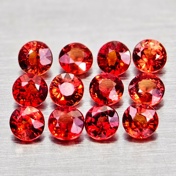Natural Orangish Red Songea Sapphire 1.21 Ct. 12 Pcs Round Shape 2.6 Mm Gemstones From Tanzania: Product ID: 806162352 Product Name: Natural Red Sapphire Weight: 1.21 CT. Size: 2.6 x 2.6 x 1.7 MM. Shape: Round Color: Orange Red Clarity:VVS - VSI Luster: Good Gems Origin: Tanzania Treatment: Heate