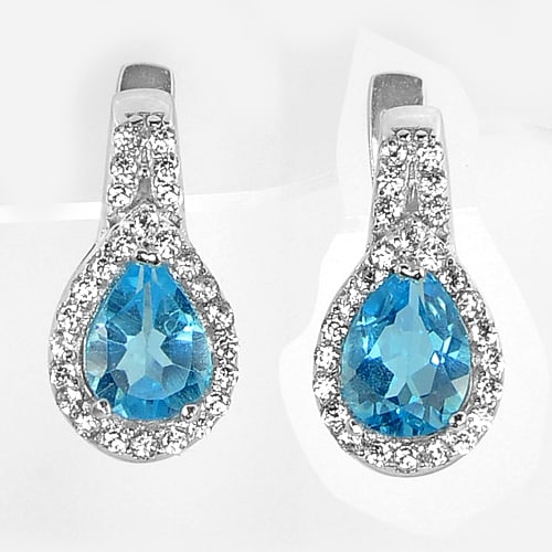 Natural Swiss Blue Topaz 925 Sterling Silver Earrings Jewelry 4.19 Grams (1 of 3)