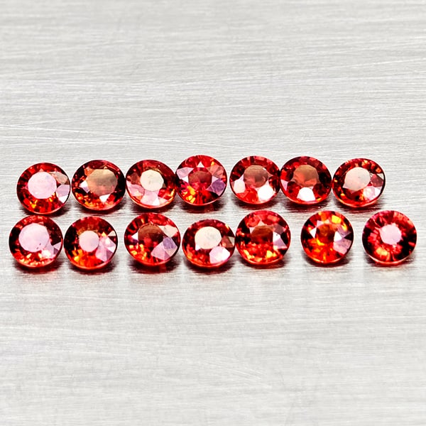 Natural Orangish Red Songea Sapphire 1.67 Ct. 14 Pcs Round Shape 2.9 Mm Gemstones From Tanzania: Product ID: 806162344 Product Name: Natural Red Sapphire Weight: 1.67 CT. Size: 2.9 x 2.9 x 1.7 MM. Shape: Round Color: Orange Red Clarity:VVS - VSI Luster: Good Gems Origin: Tanzania Treatment: Heate