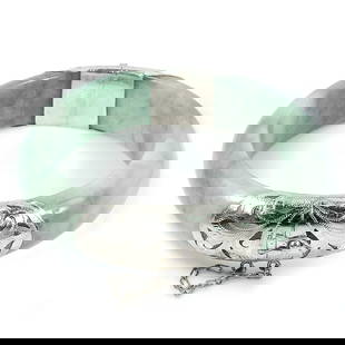 Natural White Green Jade Bangle 375 Ct. Diameter 60 Mm with Silver Gemstone: Product ID: 819814085 Product Name: Natural Jade Weight: 375.00 CT. Size: 75 x 60 x 16 MM. Shape: Round Cabochon Color: Green Clarity:Opaque Luster: Good Gems Origin: Thailand Treatment: Unheated Crys