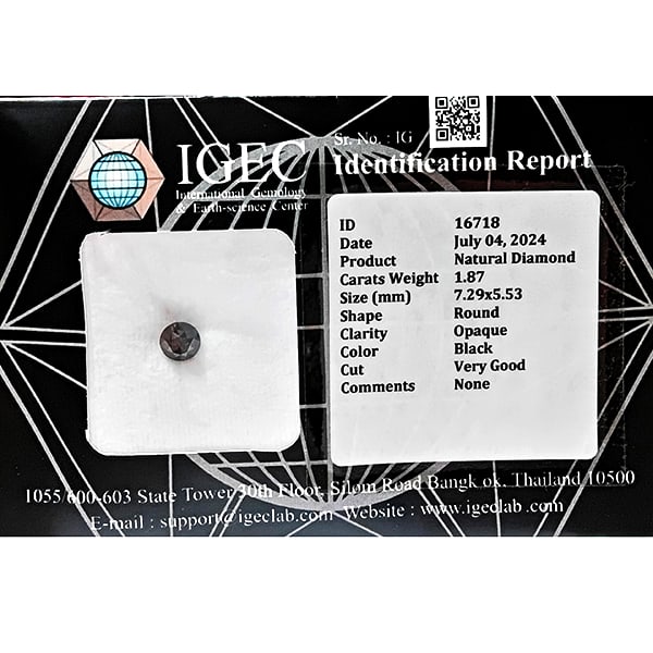 Certified Natural Black Diamond 1.87 Ct. Round Brilliant Cut 7.29 x 5.53 Mm. From Belgium (1 of 3)