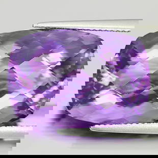 Natural Purple Amethyst 20.15 Ct. Cushion Checkerboard Cut 21 x 14.6 Mm. Gemstone From Brazil: Product ID: 800320562 Product Name: Natural Amethyst Weight: 20.15 CT. Size: 21 x 14.6 x 11.1 MM. Shape: Cushion Checkerboard Color: Purple Clarity:VSI Luster: Very Good Gems Origin: Brazil Treatment: