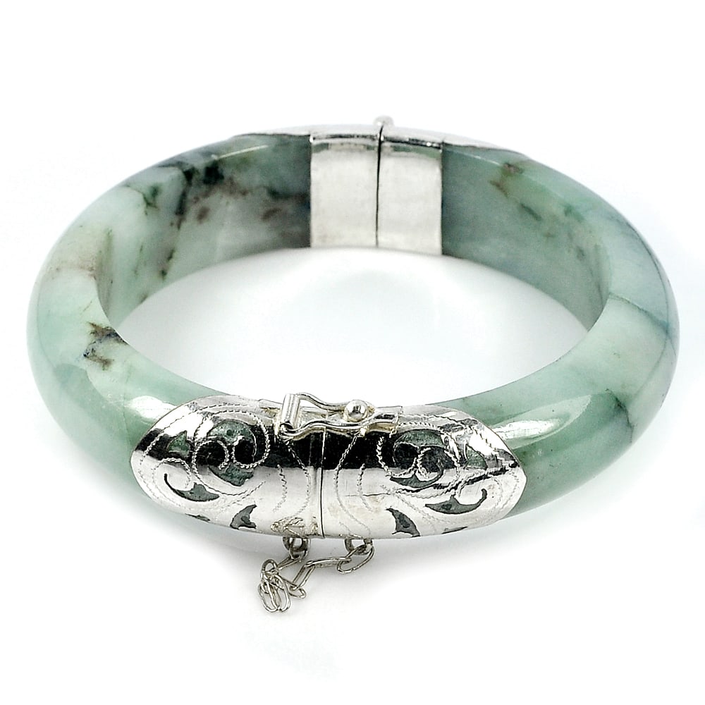 Natural Green Jade Bangle 400 Ct. with Silver Diameter 60 Mm. Gemstone From Thailand (1 of 3)