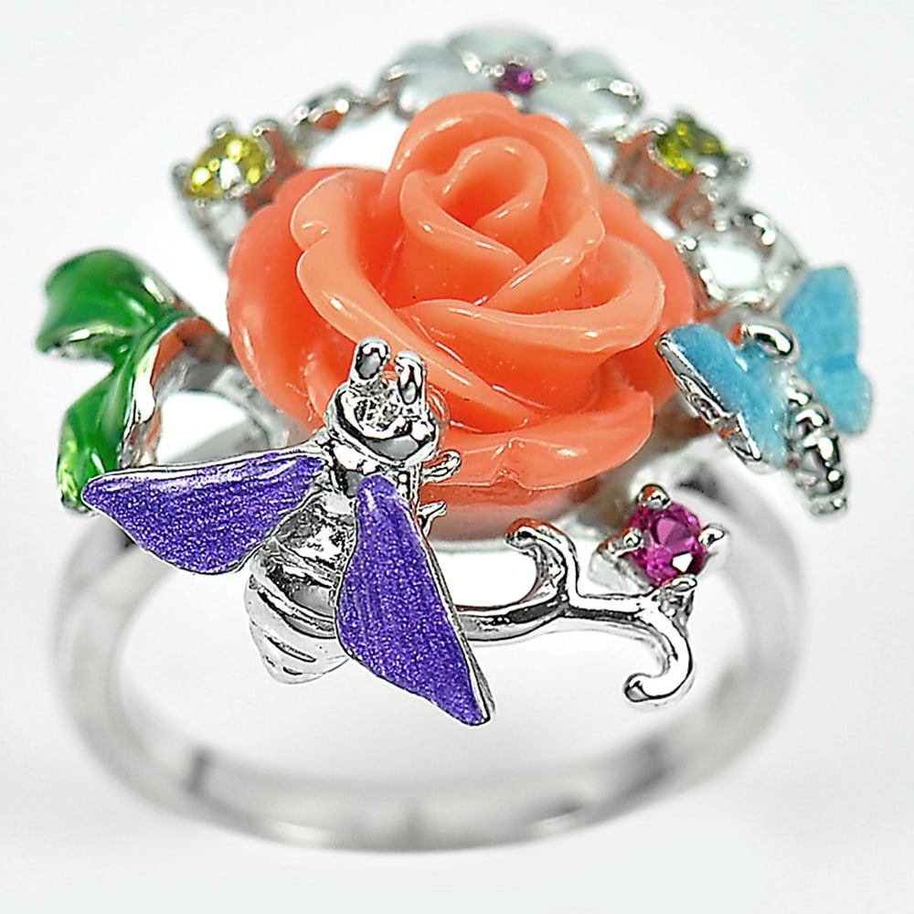925 Sterling Silver Ring Jewelry with Nice Flower Resin Butterfly Enamel Size 6 (1 of 3)