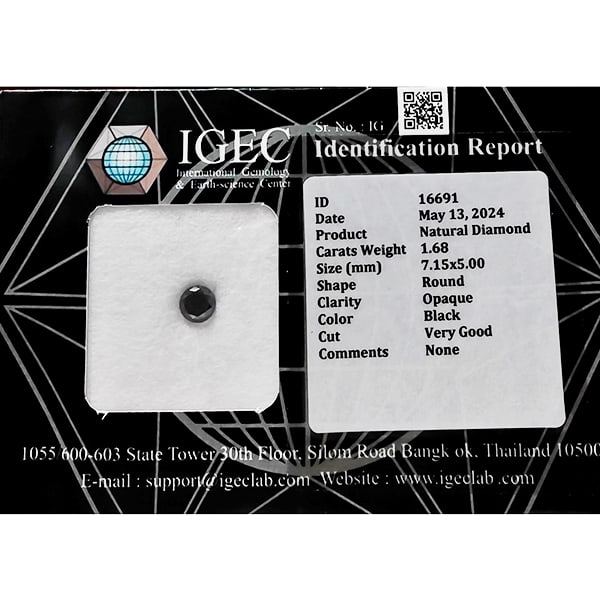 Certified Natural Black Diamond 1.68 Ct. Round Brilliant Cut 7.15 x 5.00 Mm From Belgium (1 of 3)