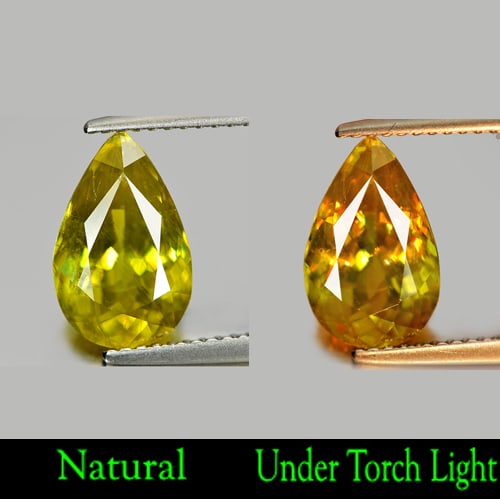 Natural Yellowish Green Titanium Sphene 3.07 Ct. Pear Shape 11.87 x 7.53 Mm Gemstone: Product ID: 806502555 Product Name: Natural Sphene Weight: 3.07 CT. Size: 11.87 x 7.53 x 5.09 MM. Shape: Pear Color: Yellowish Green With Rainbow Spark Clarity:SI1 Luster: Adamantine Gems Origin: Mada