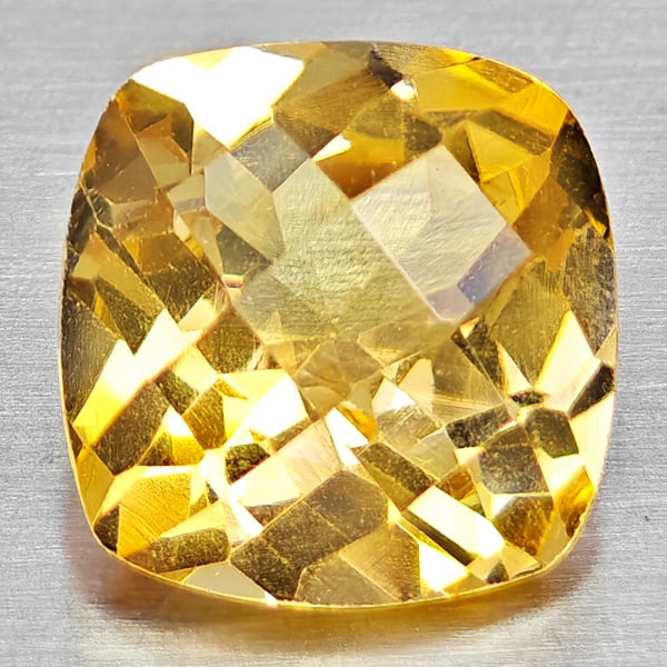 Natural Yellow Citrine 2.04 Ct. Cushion Checkerboard Cut 8.1 x 8 Mm Gemstone From Brazil: Product ID: 801815253 Product Name: Natural Citrine Weight: 2.04 CT. Size: 8.1 x 8 x 5.5 MM. Shape: Cushion Checkerboard Cut Color: Yellow Clarity:VVS - VSI Luster: Good Gems Origin: Brazil Treatment: